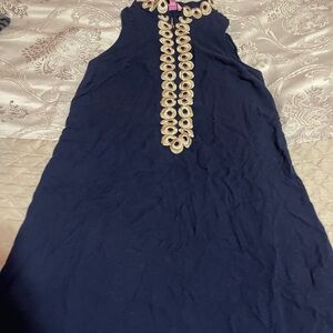 Lilly Pulitzer Jane Shift Dress, Timeless True Navy Gold Trim Zipper Sleeveless